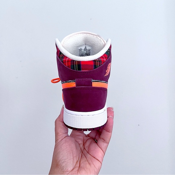 Nike Air Jordan AJ 1 Mid Special Edition Maroon Orange Plaid - Picture 6 of 8